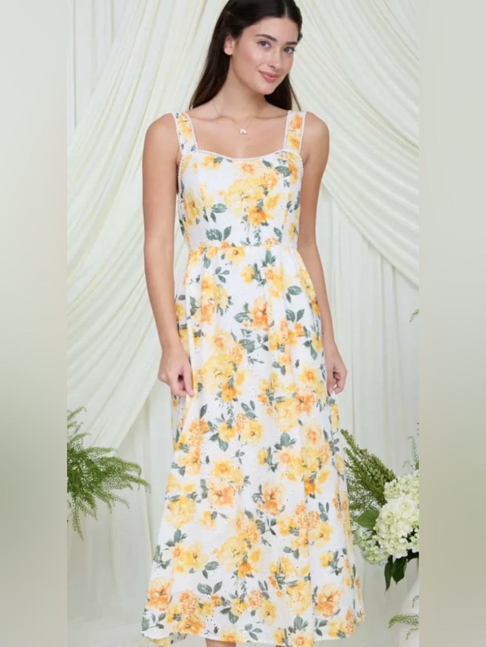 Blu Pepper White Midi Eyelet Dress with Yellow Floral Print